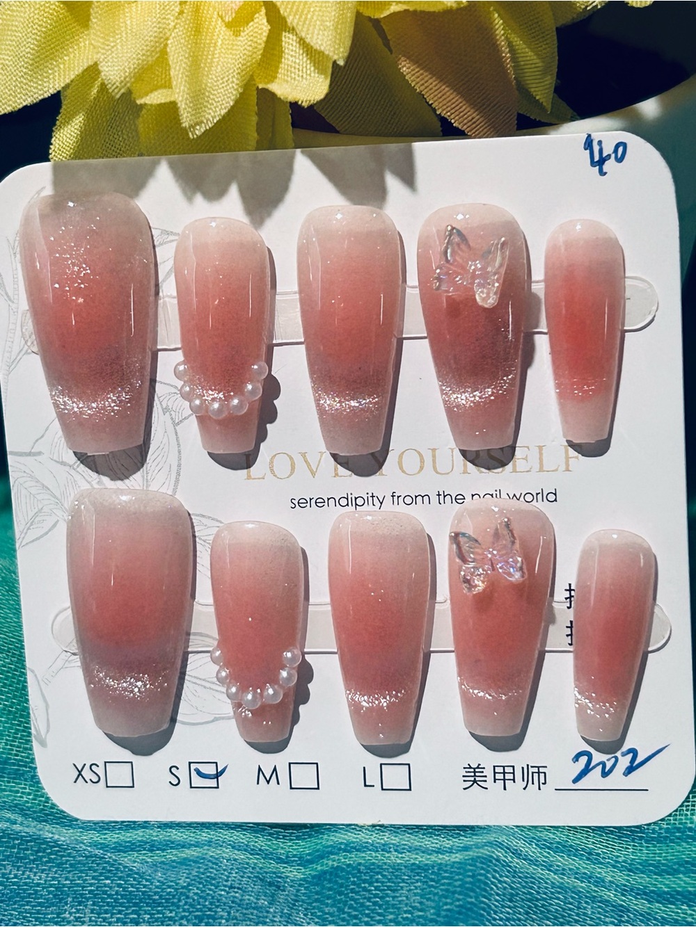 Serendipity Pink Ombre Press-On Nail 10pcs Set with Pearls & Butterfly #245